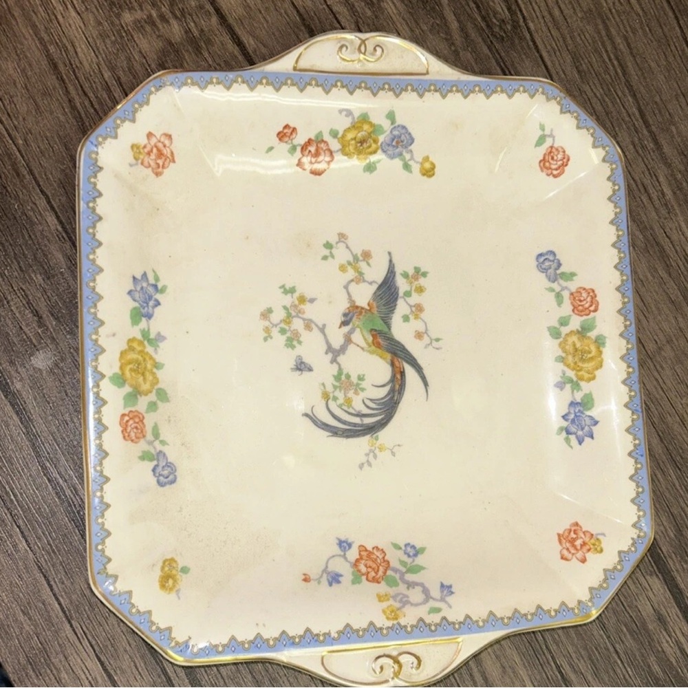Vintage Myott Son &Co.England Bird of Paradise Floral Blue gold Gilt Rim Platter